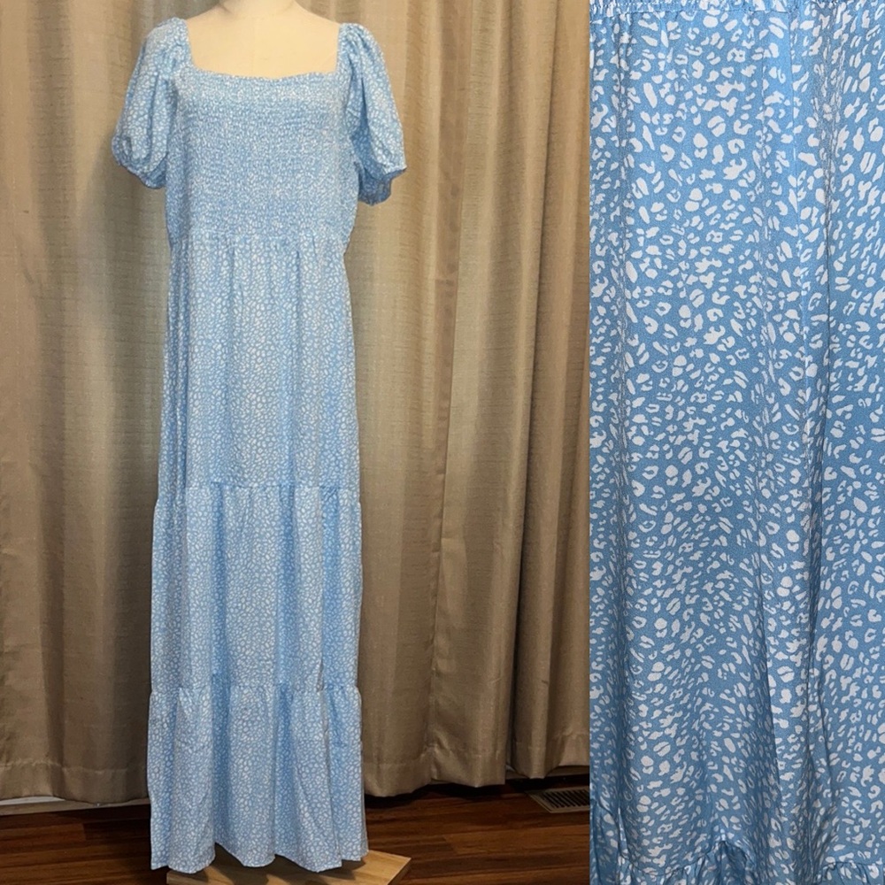 Coolmee Blue and White Leopard Maxi Smocked Sundress Puff Sleeve Womens Plus 2XL